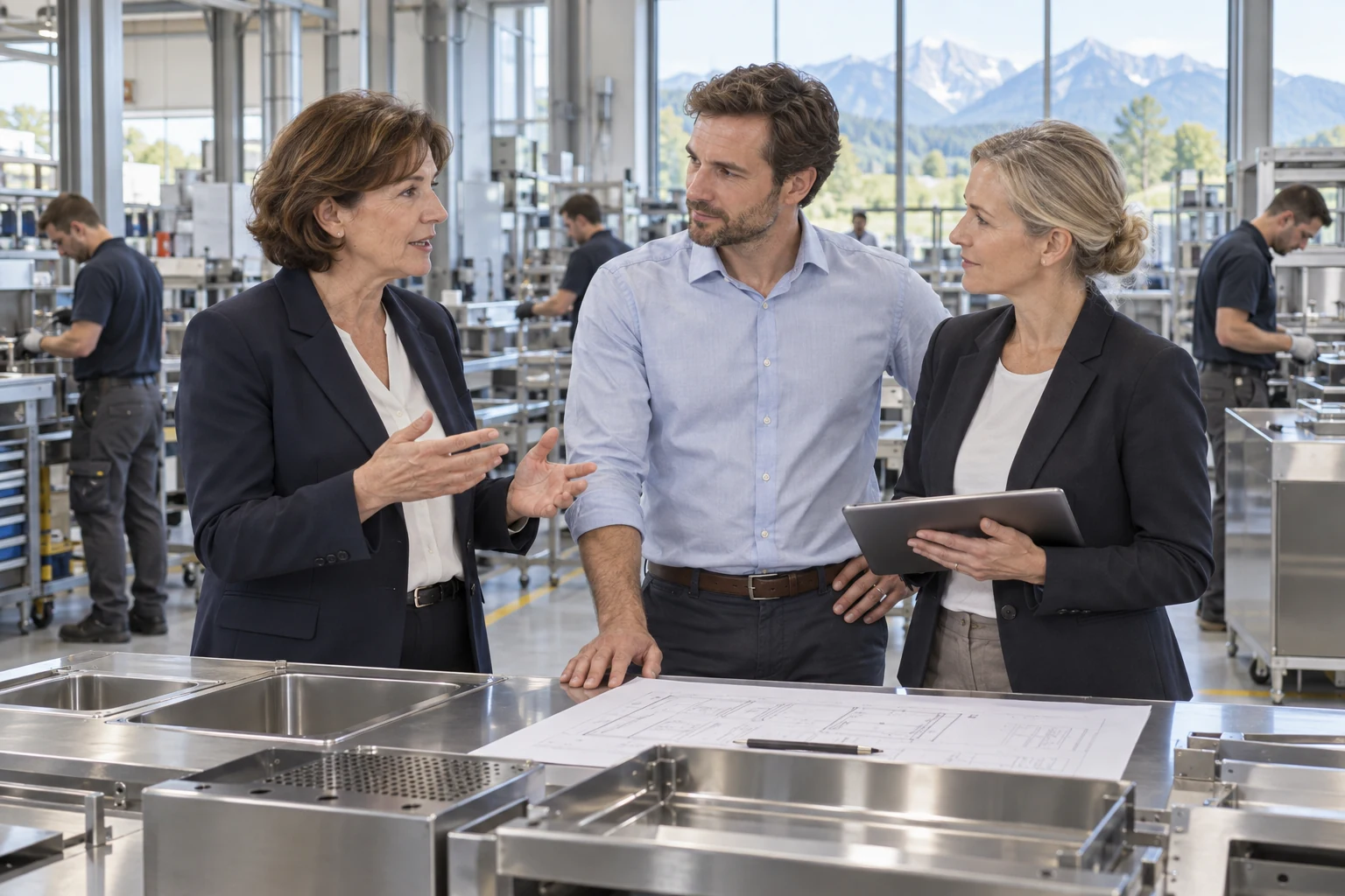 Bayerische Firmeninhaberin im Gespräch in einem Betrieb für professionelle Küchentechnik