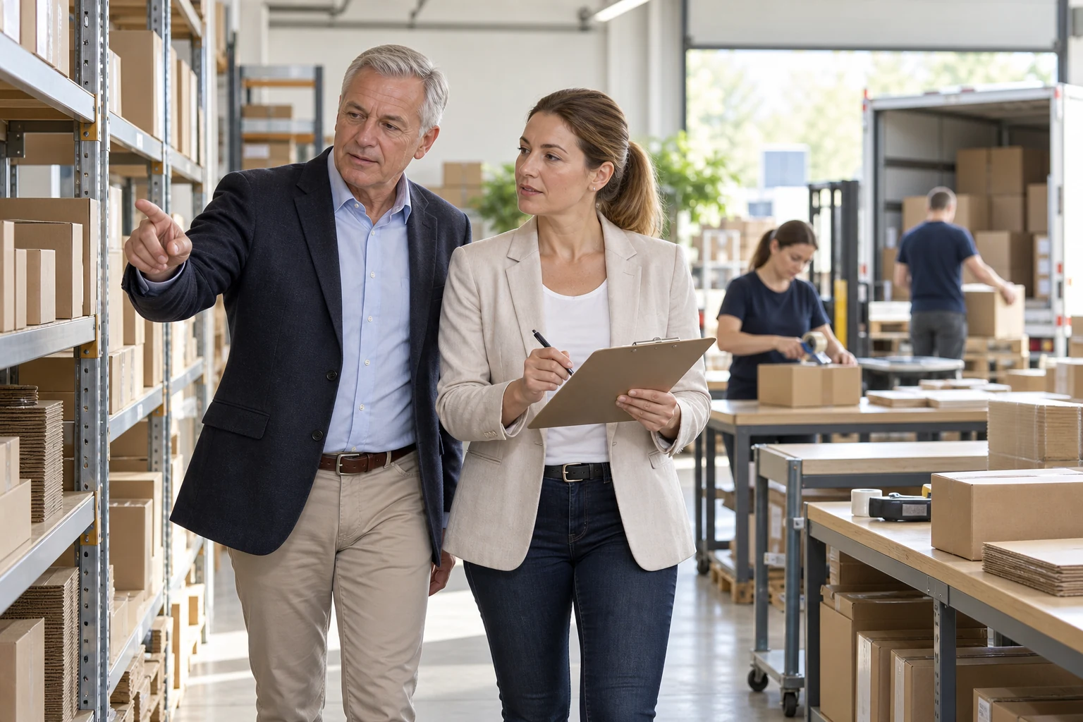 Eigentümer und Angehörige erfassen Betriebsbereiche eines bayerischen Verpackungsunternehmens